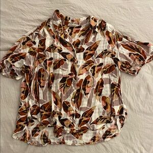 Leaf Print Button-Up Blouse
